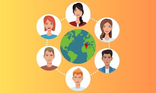 A cartoon of six people surrounding a globe