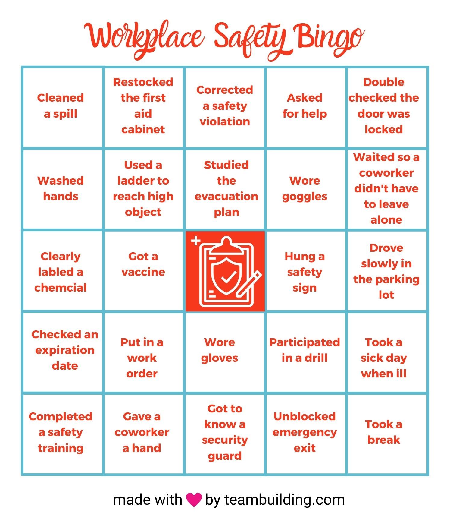 workplace safety bingo card